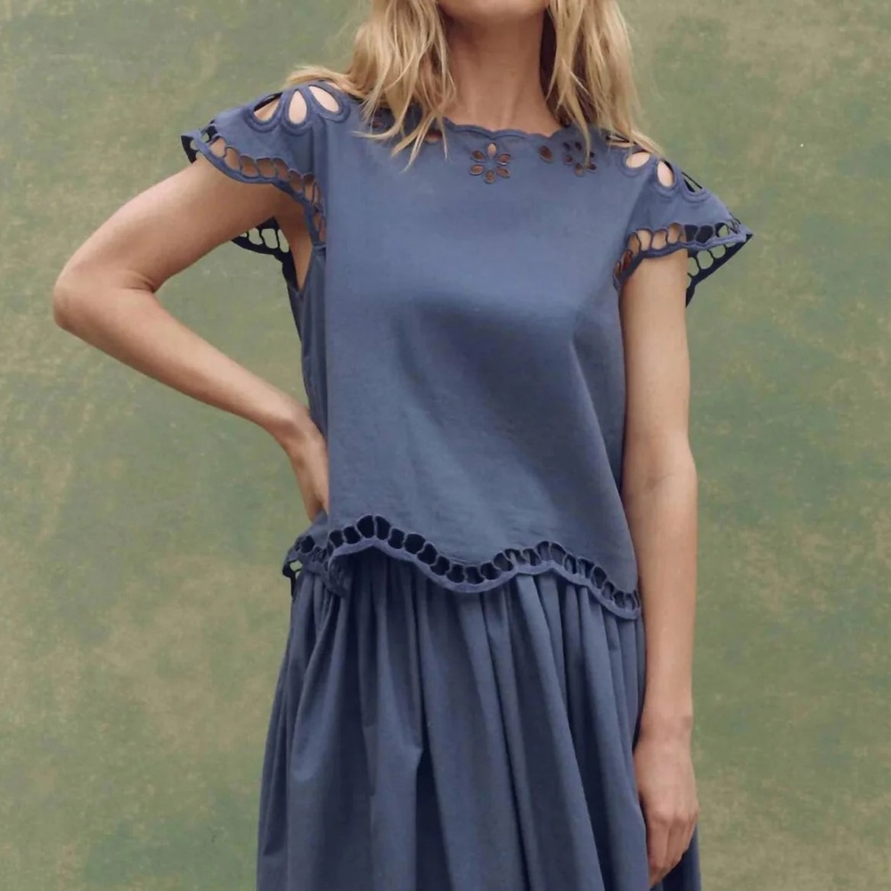 THE GREAT. The Super Bloom Blue Eyelet Blouse